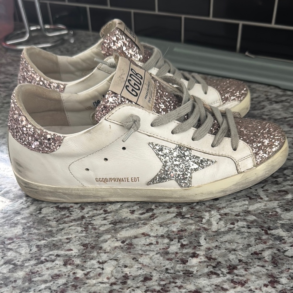 Golden Goose Women's White and Pink Glitter Star Sneakers